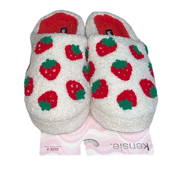 kenzie Shoes - Kensie Womens Faux Sherpa Memory Foam Slippers Strawberry Print